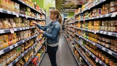 Žena nakupuje potraviny v supermarkete, vyberá tovar z regálu.