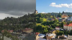 Panoráma historického mesta Banská Štiavnica za daždivého aj slnečného počasia