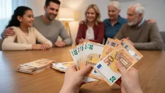 Rodina sedí pri stole, v popredí sú eurové bankovky v rukách, finančné plánovanie