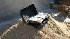 Kufr s balíčkami peňazí položený na kope piesku na stavbe